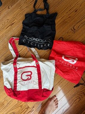 Set of 3 CycleBar Logo Red & White Canvas Tote Bag and other bags